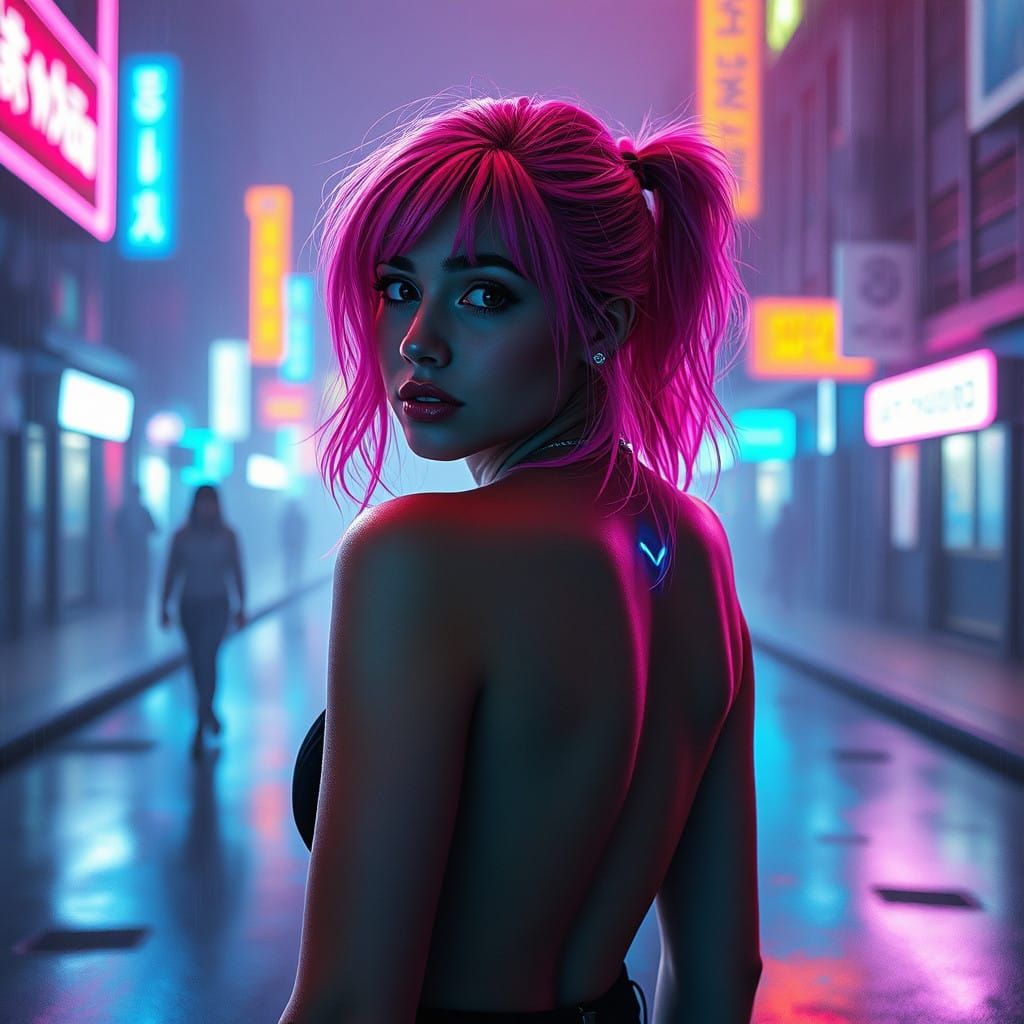 Young Woman Enters Cyberpunk World in Dawn's Haze