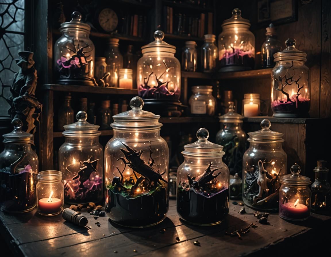 Starlight in Jar Among Witch Potions: Horror Aesthetic