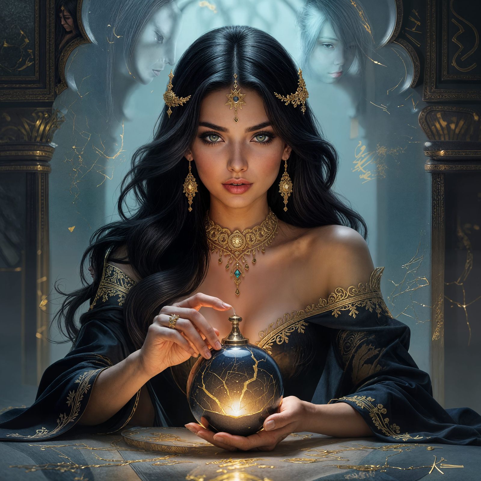 Persian Beauty Holds Kintsugi Paperweight in Dark Fantasy Ar...