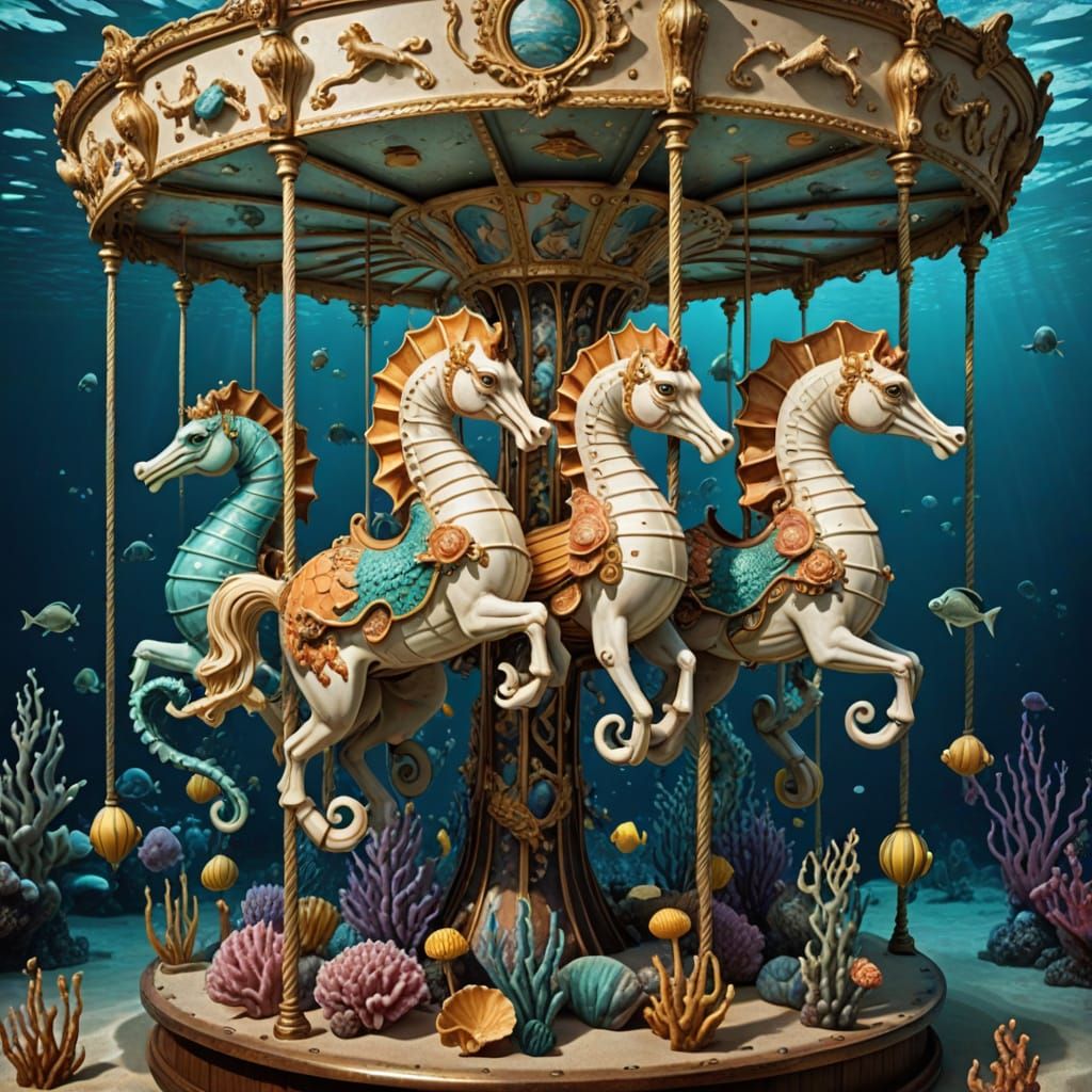 Mermaids Ride Carved Seahorses on Underwater Carousel