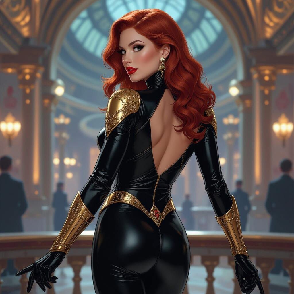 Black Widow Superhero in Art Nouveau Style