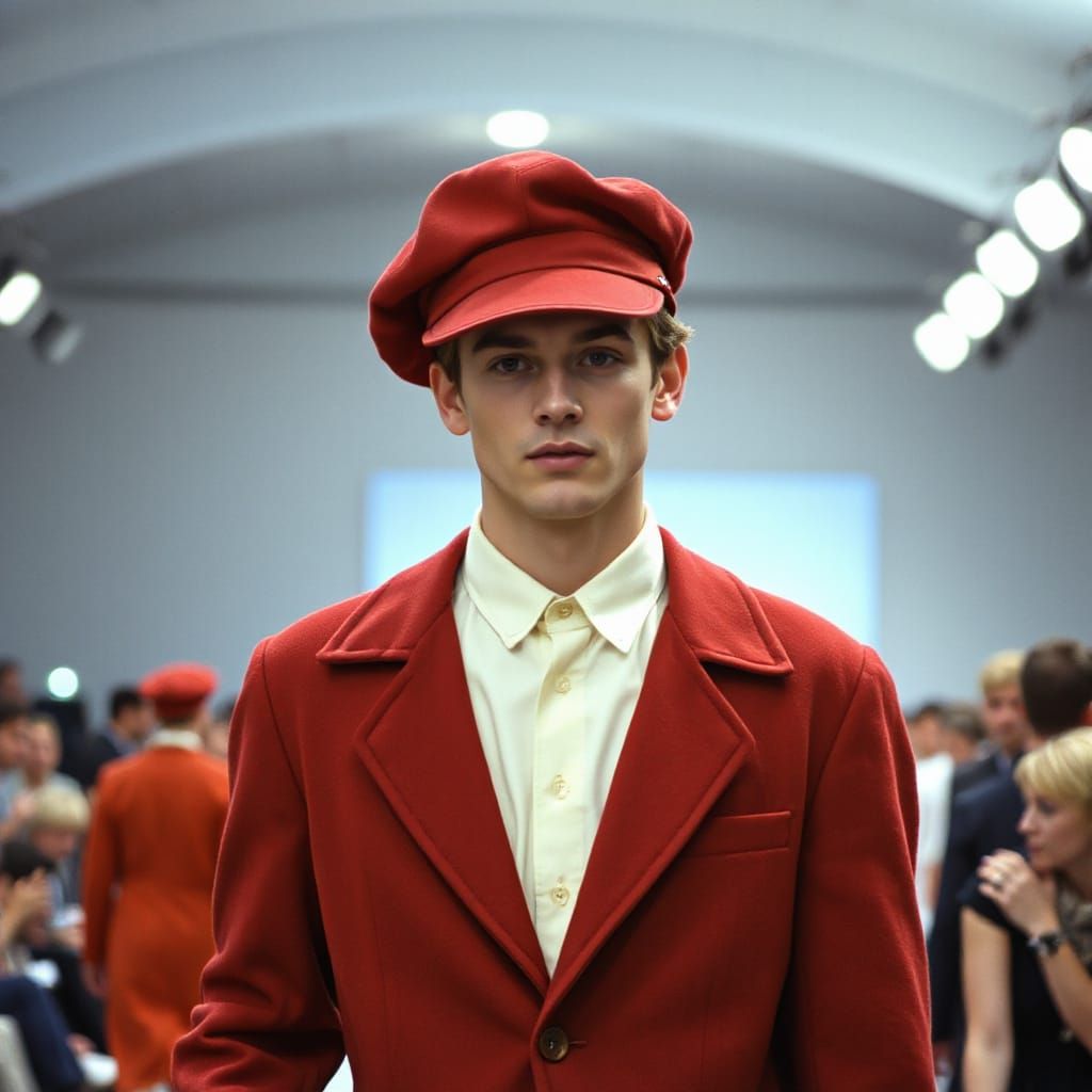 Young Man Struts Down Catwalk in Red Hunting Cap
