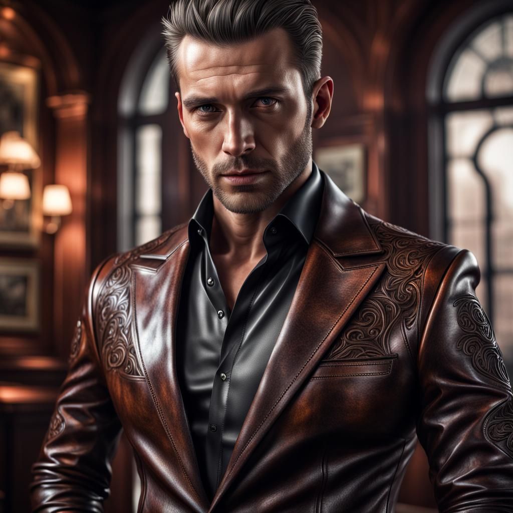 Hyperrealistic Gentleman in Leather Suit: Fantasy Portrait