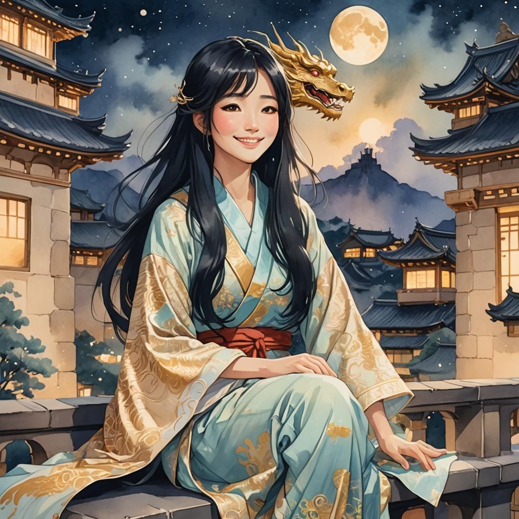 Japanese Woman on Balcony in Anime Art Style