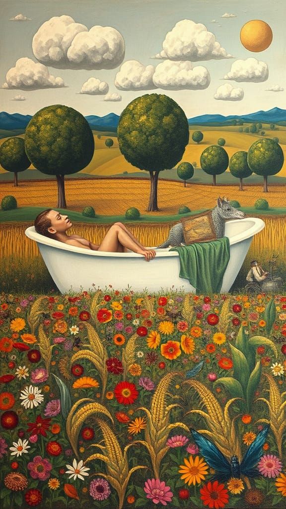 Surreal Landscape with Giant Figures and Strange Activities