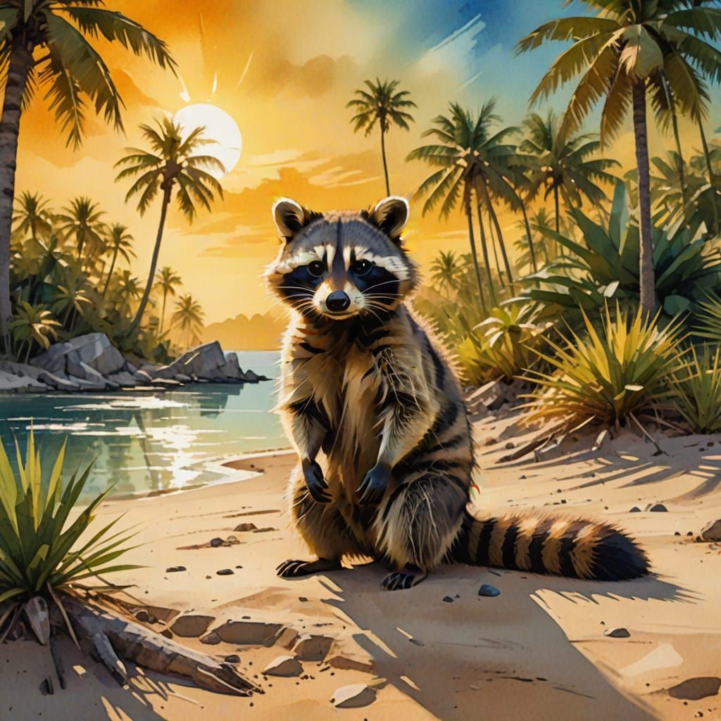 Raccoon on Deserted Island in Watercolor Style