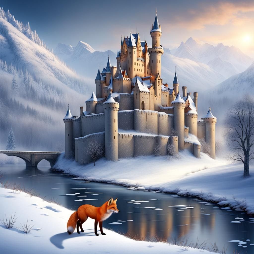 Winter Castle Scene with Fox in Snow