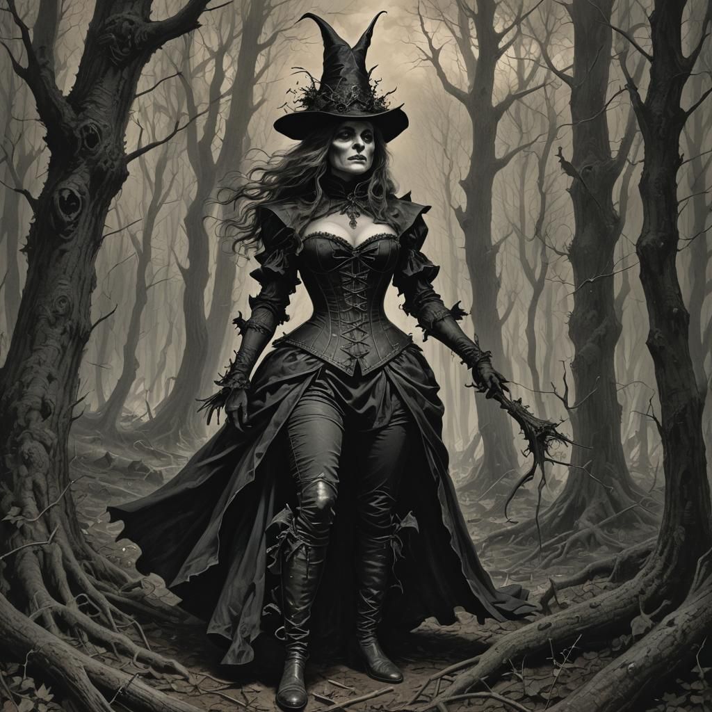 Eerie Witch in Corset in Dark Woods