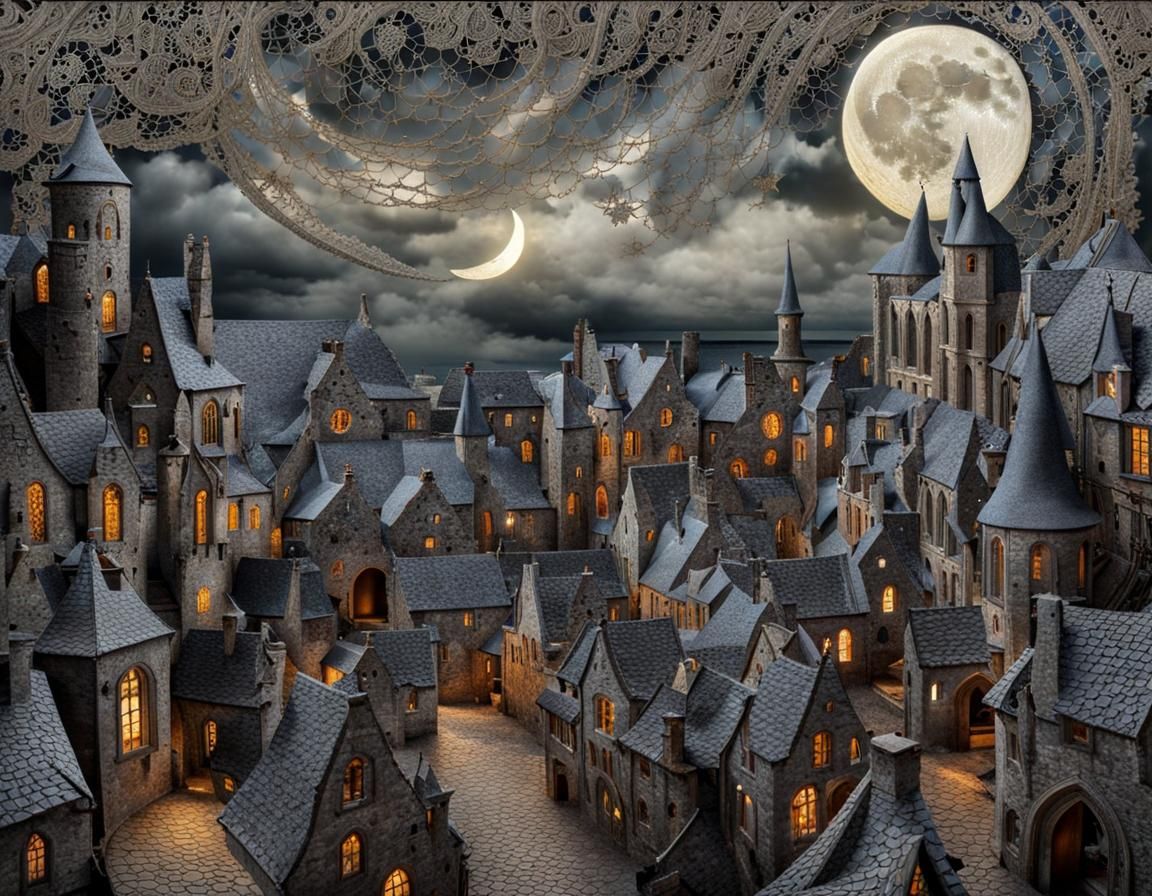 Lace Medieval Town in Stormy Twilight