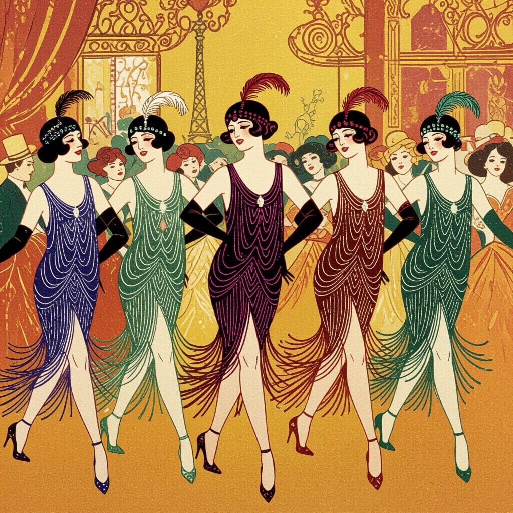 Moulin Rouge Dancers in Sequined Dresses, Elegant Style