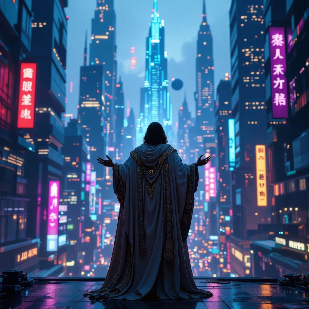 Christ Preaching in a Futuristic Cityscape as Matte Painting