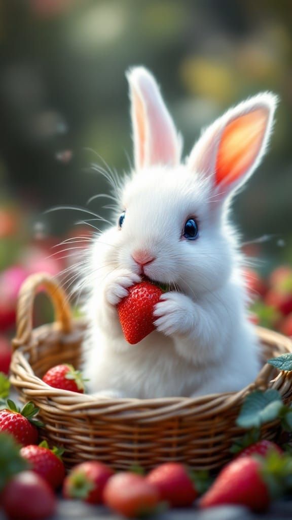 Surreal Magical Bunny Basks in Splendid Strawberry Oasis