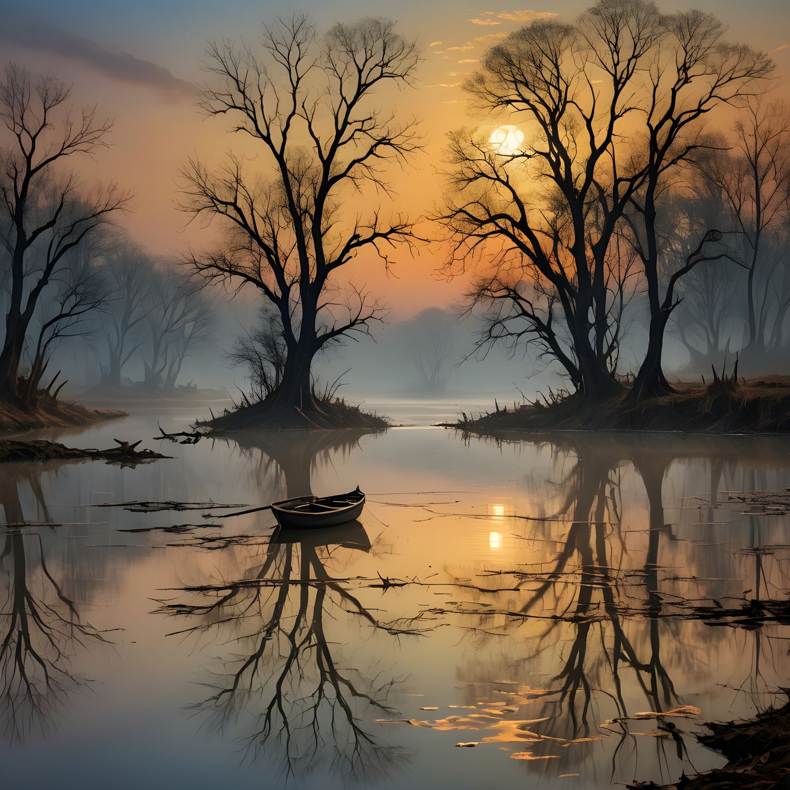 Mystical River Sunset Landscape in Romantic Style