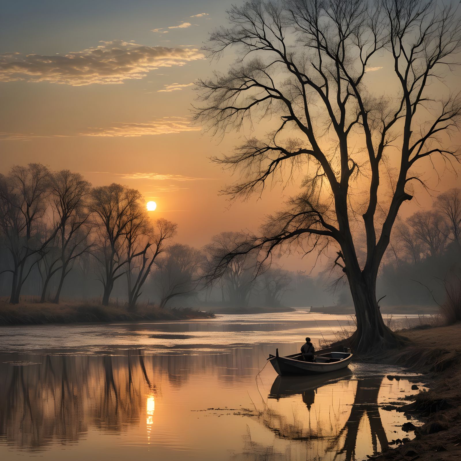 Mystical River Sunset in Romanticism Style