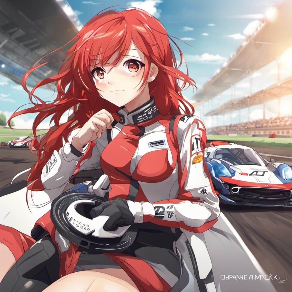 Red Hair Girl at Racing Track in Anime Style