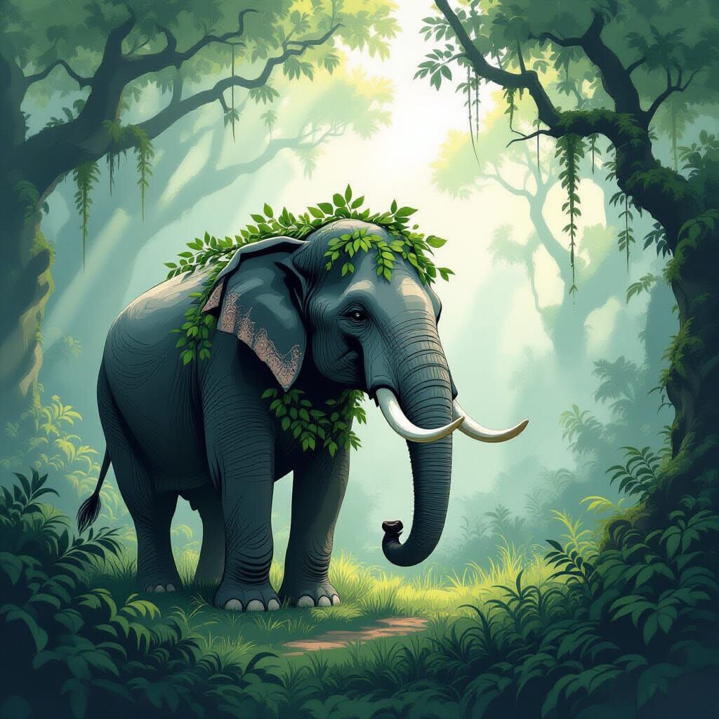 Ancient Elephant in Misty Forest Clearing, Whimsical Illustr...