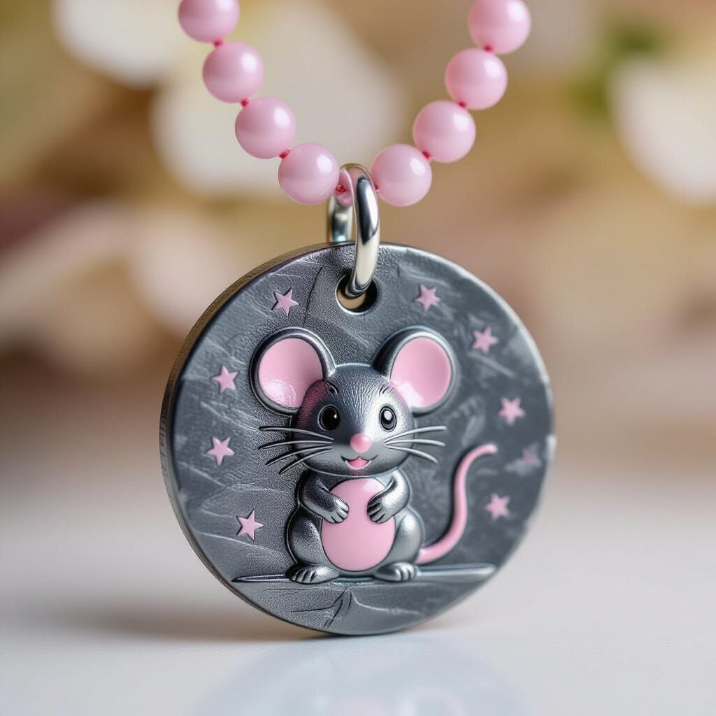 Coin Pendant Necklace with Pink Mouse Symbol and Orchid Bead