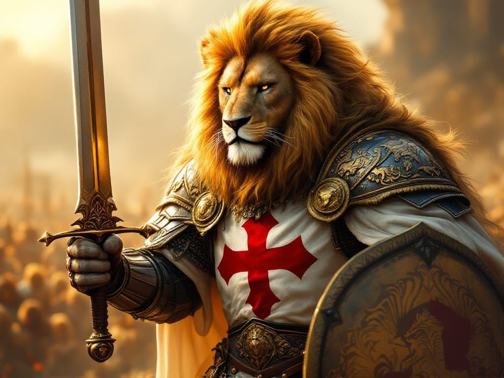 Majestic Lion Knight in Crusader Armour