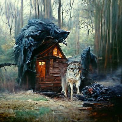 Terrifying Wolf in Dark Forest Hut Painting