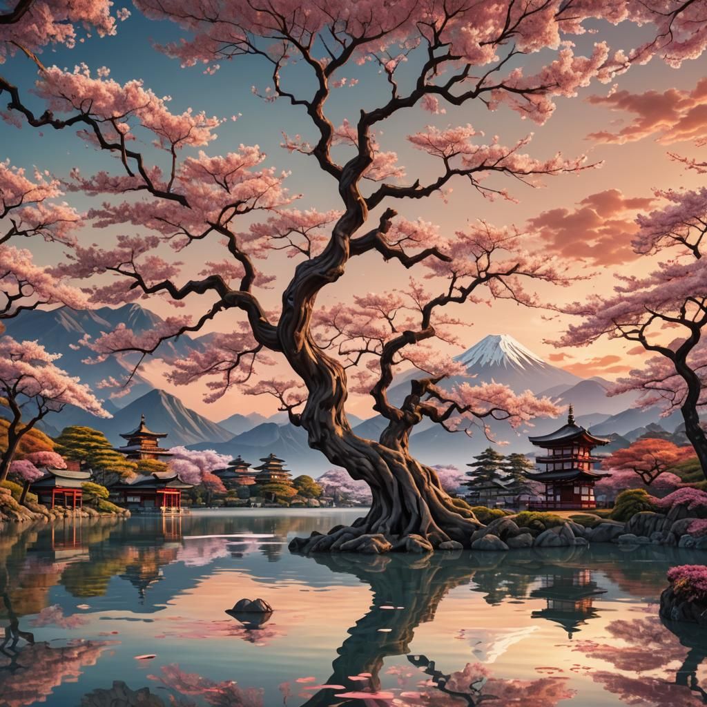 Majestic Sakura Tree in Surreal Fractal Art Style