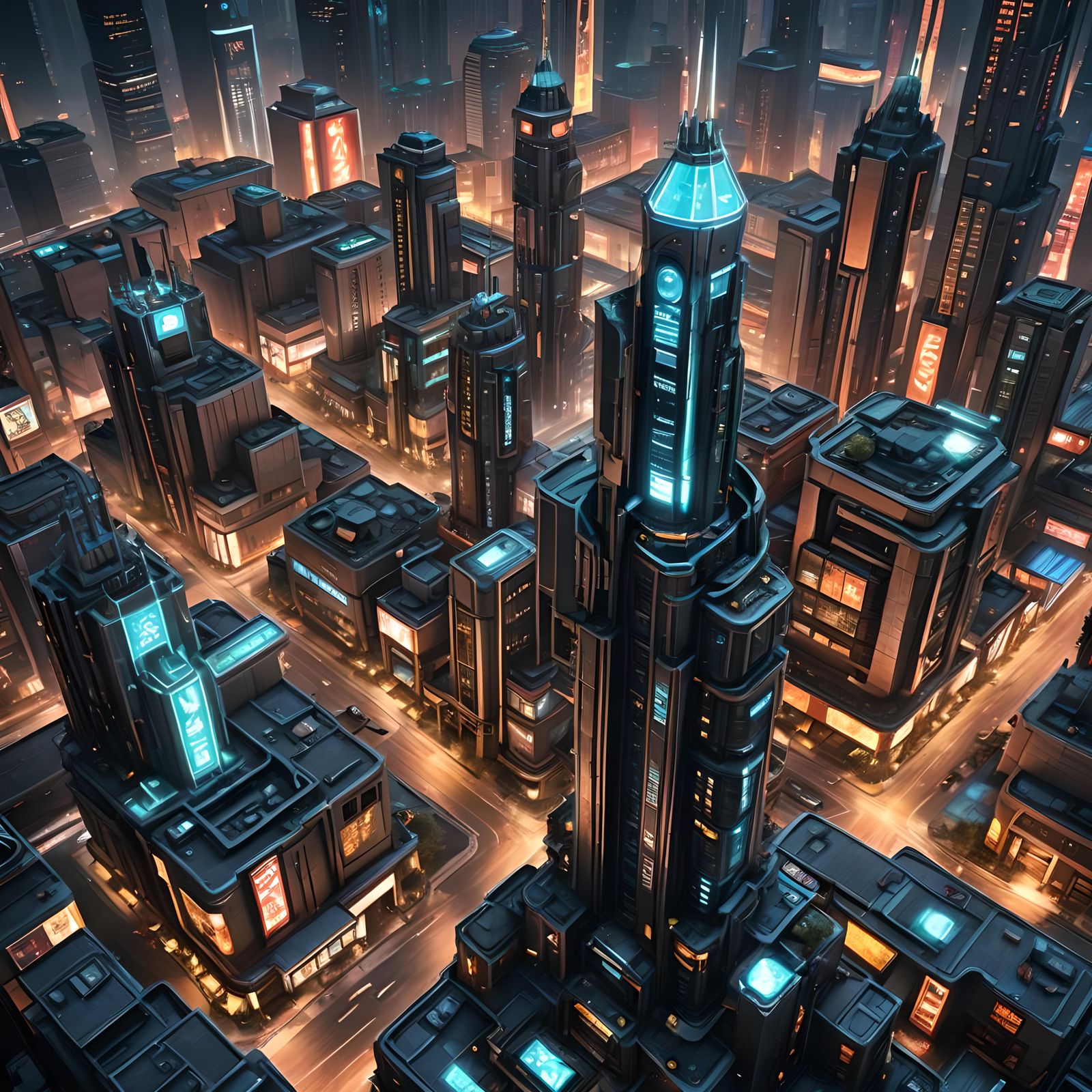 Hyperrealistic Futuristic Cityscape with Neon Signs and Dron...