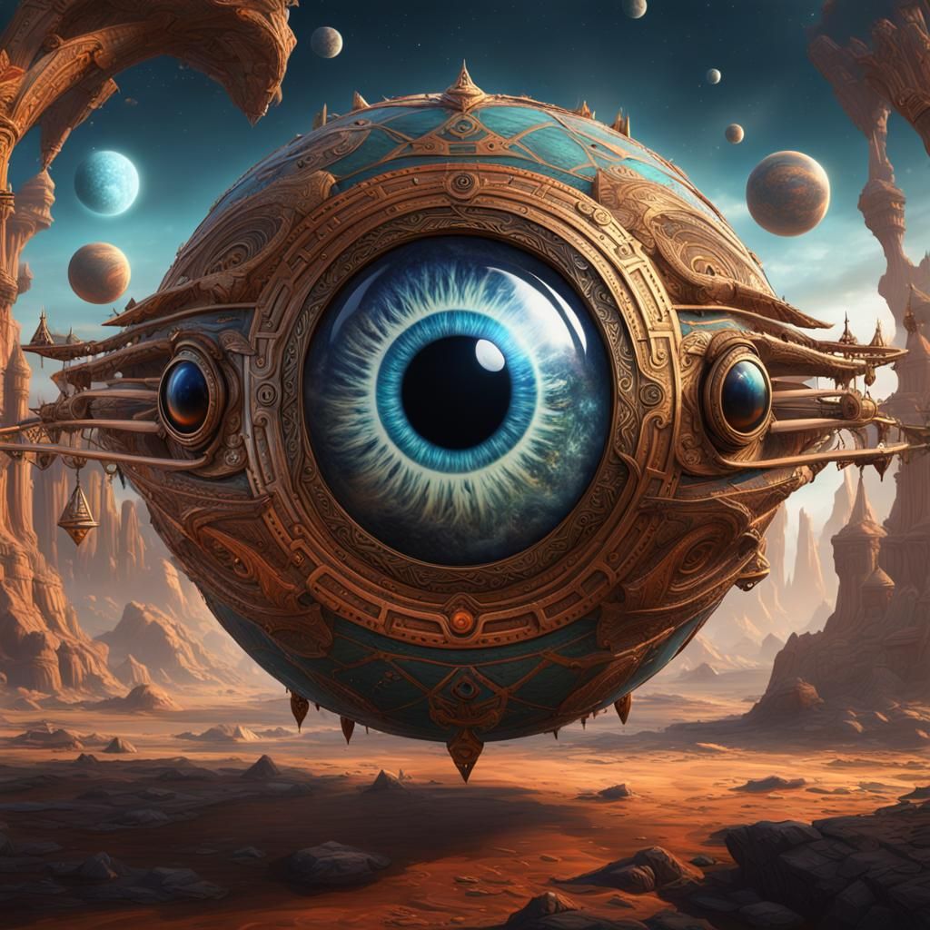 Planetary Eye with Metal and Tribal Tattoo Details