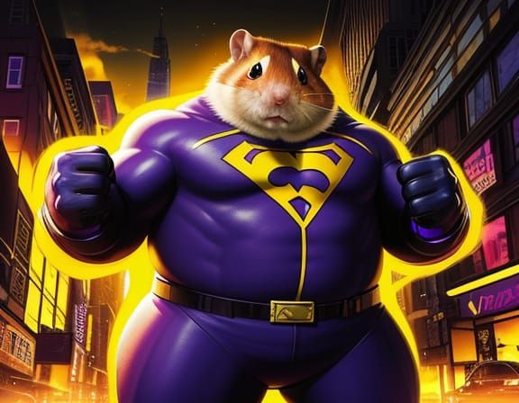 Pudgy Hamster Superhero in Surreal Painting