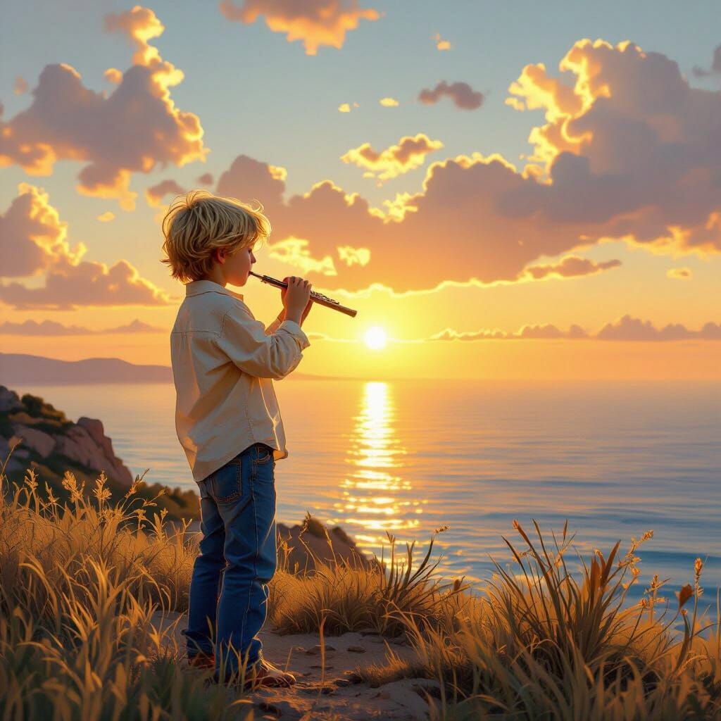 Boy Playing Flute at Sunset in Fantasy Art Style