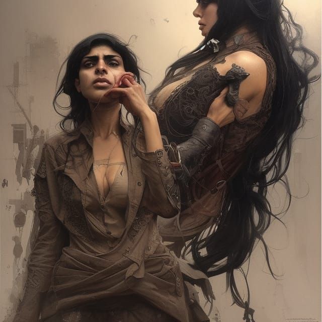 Iranian Girl Protests, Grim Dark Painting Style