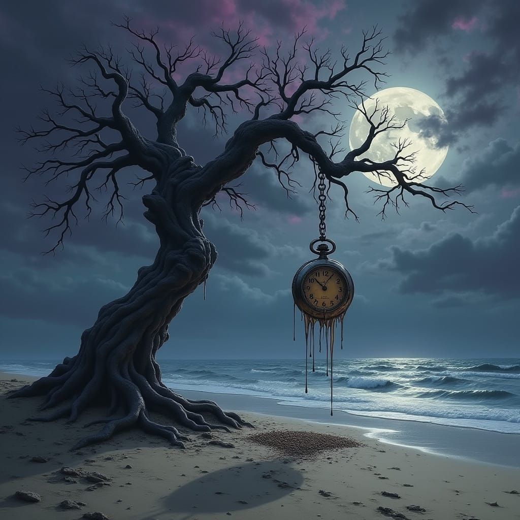 Twisted Tree Stands Vigilant on Desolate Moonlit Beach in Wh...
