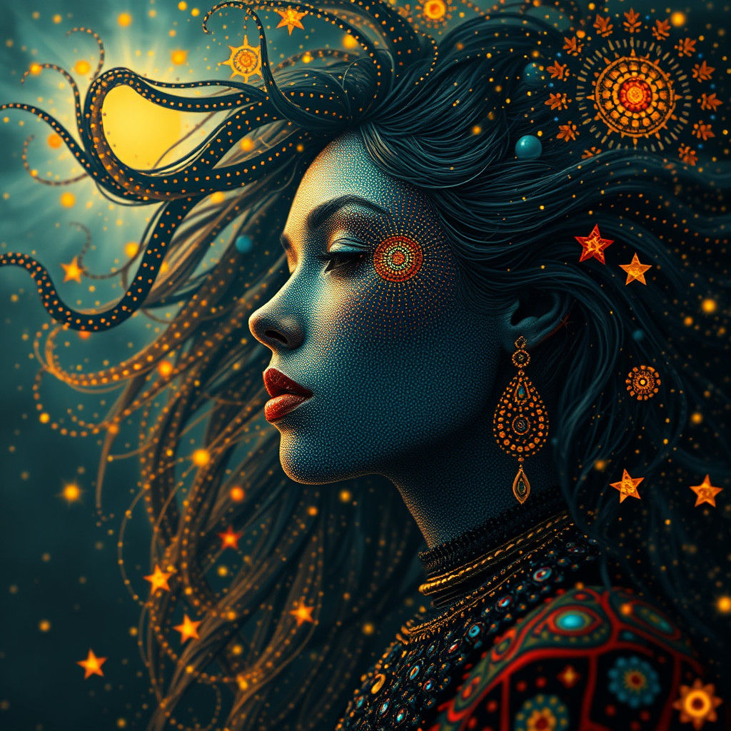 Mysterious Woman Emerging: Aboriginal Dot Art in Van Gogh St...