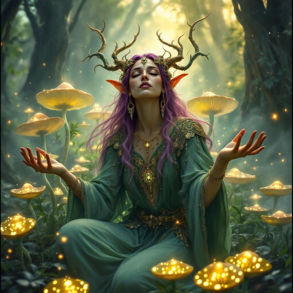 Elven Druid in Mushroom Grove: Digital Art Nouveau
