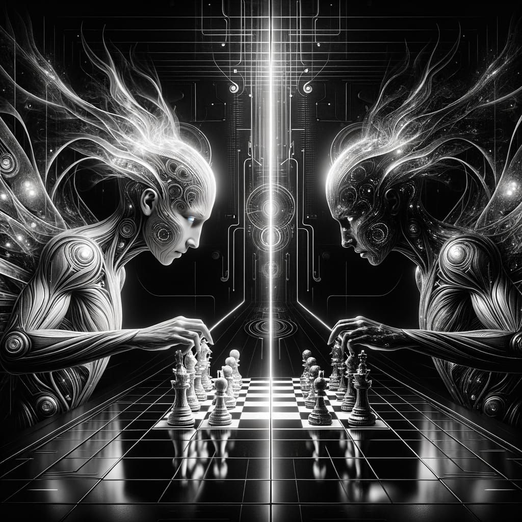 Intense Chess Game in Futuristic Black and White