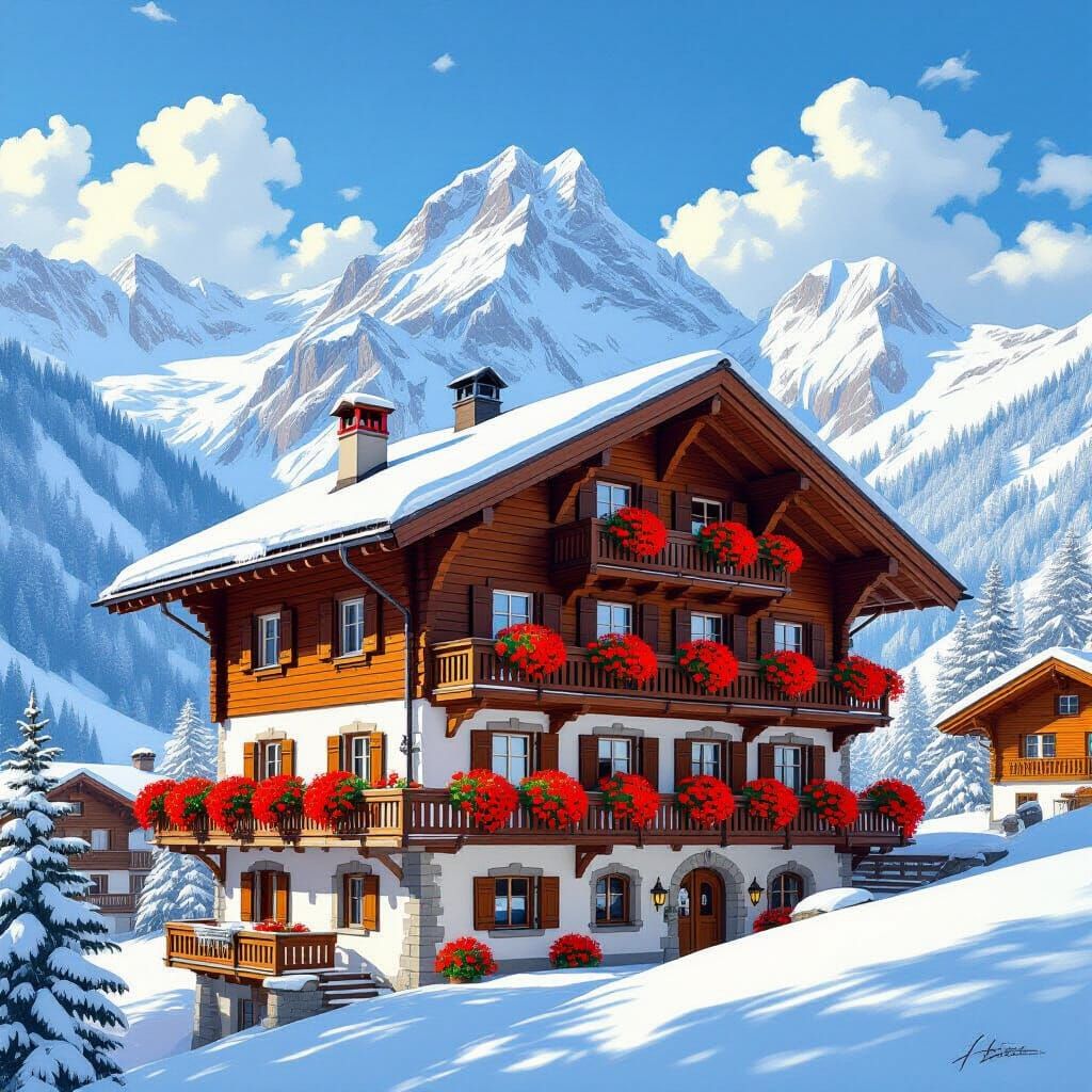 Charming Swiss Chalet with Geraniums in Alps