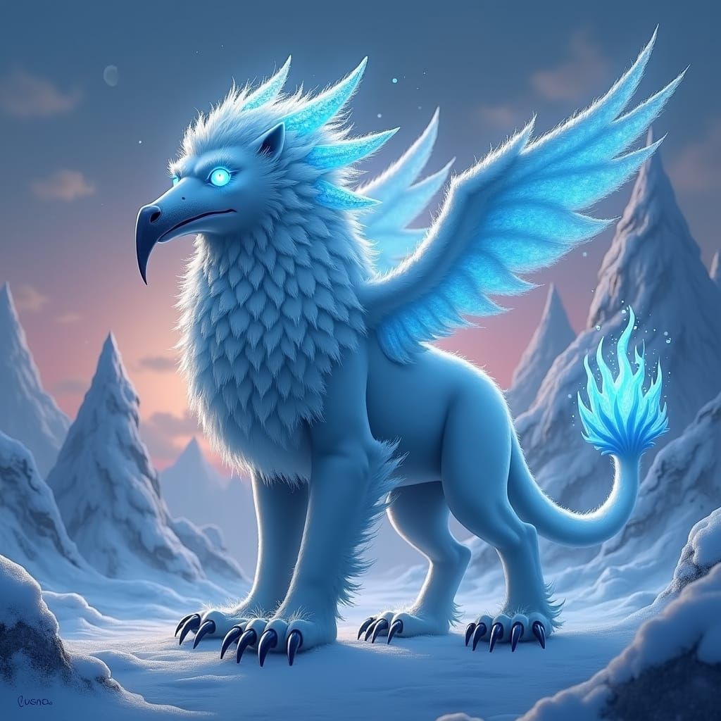 Icy Blue Frostflare Griffin in Crystal Landscape