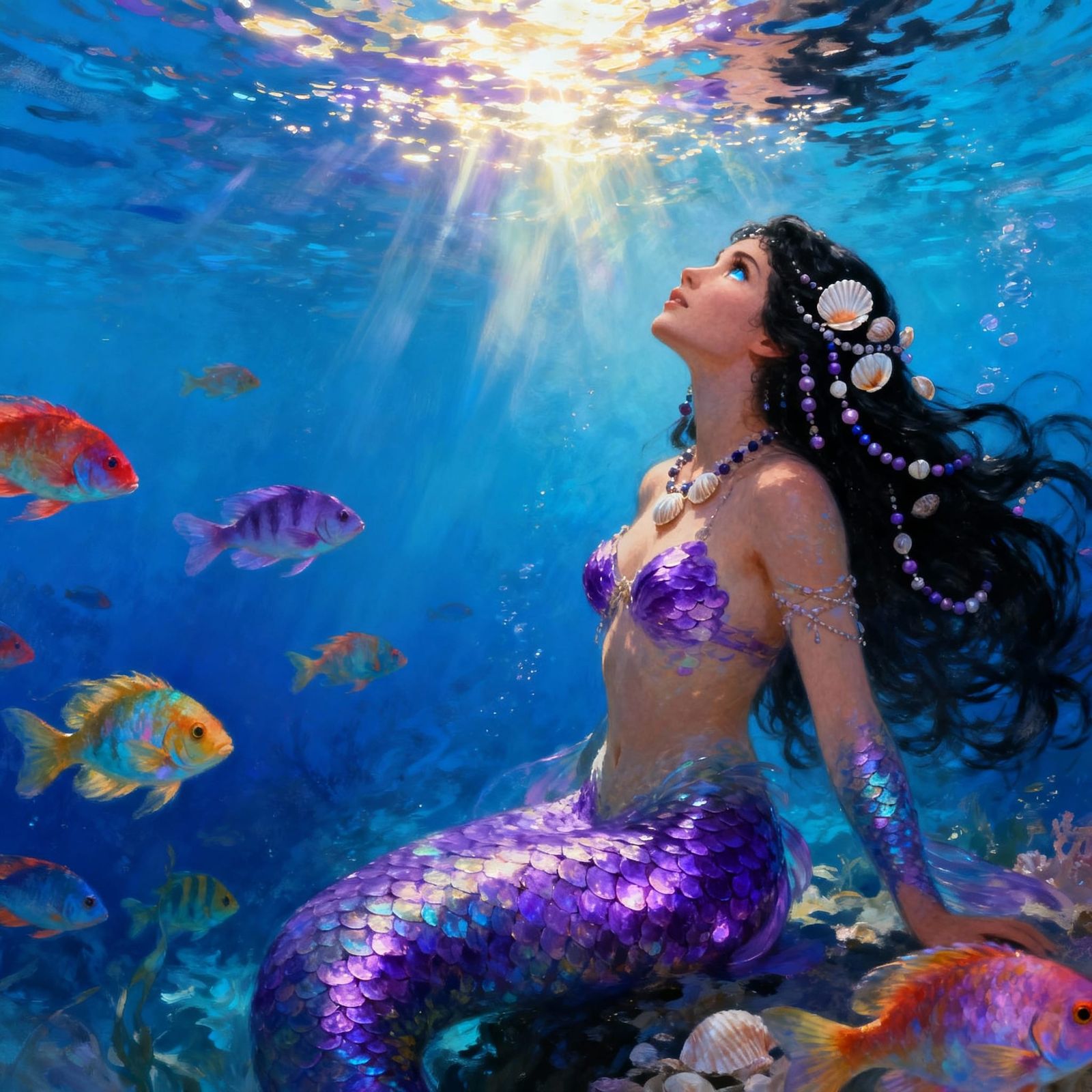 Amethyst Mermaid in Sunlit Ocean Depths