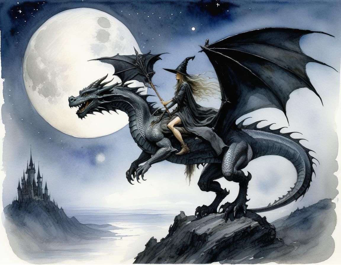 Witch Rides Dragon in Watercolor Fantasy Illustration