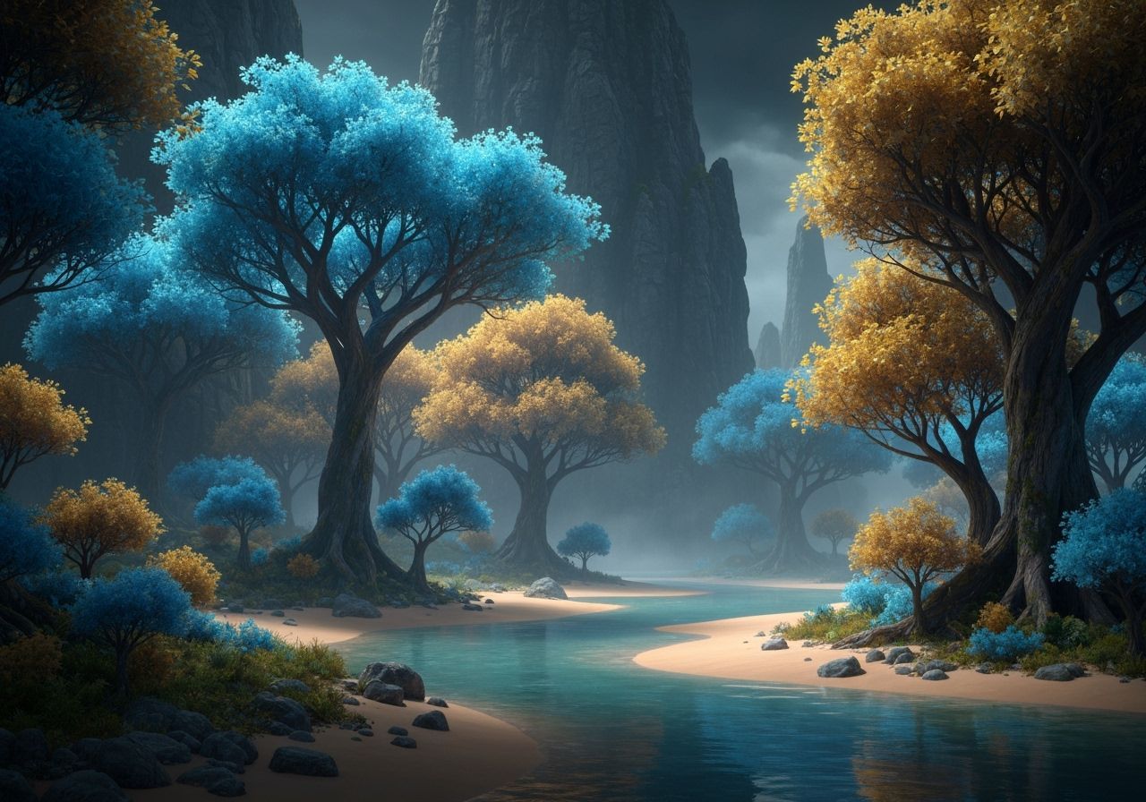 Dreamlike River on Sandy Beach with Glowing Trees