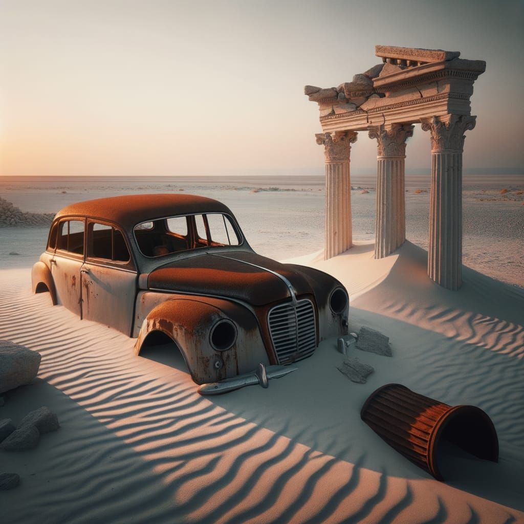 Rusty Abandoned Car in Desert Landscape with Fallen Greek Co...