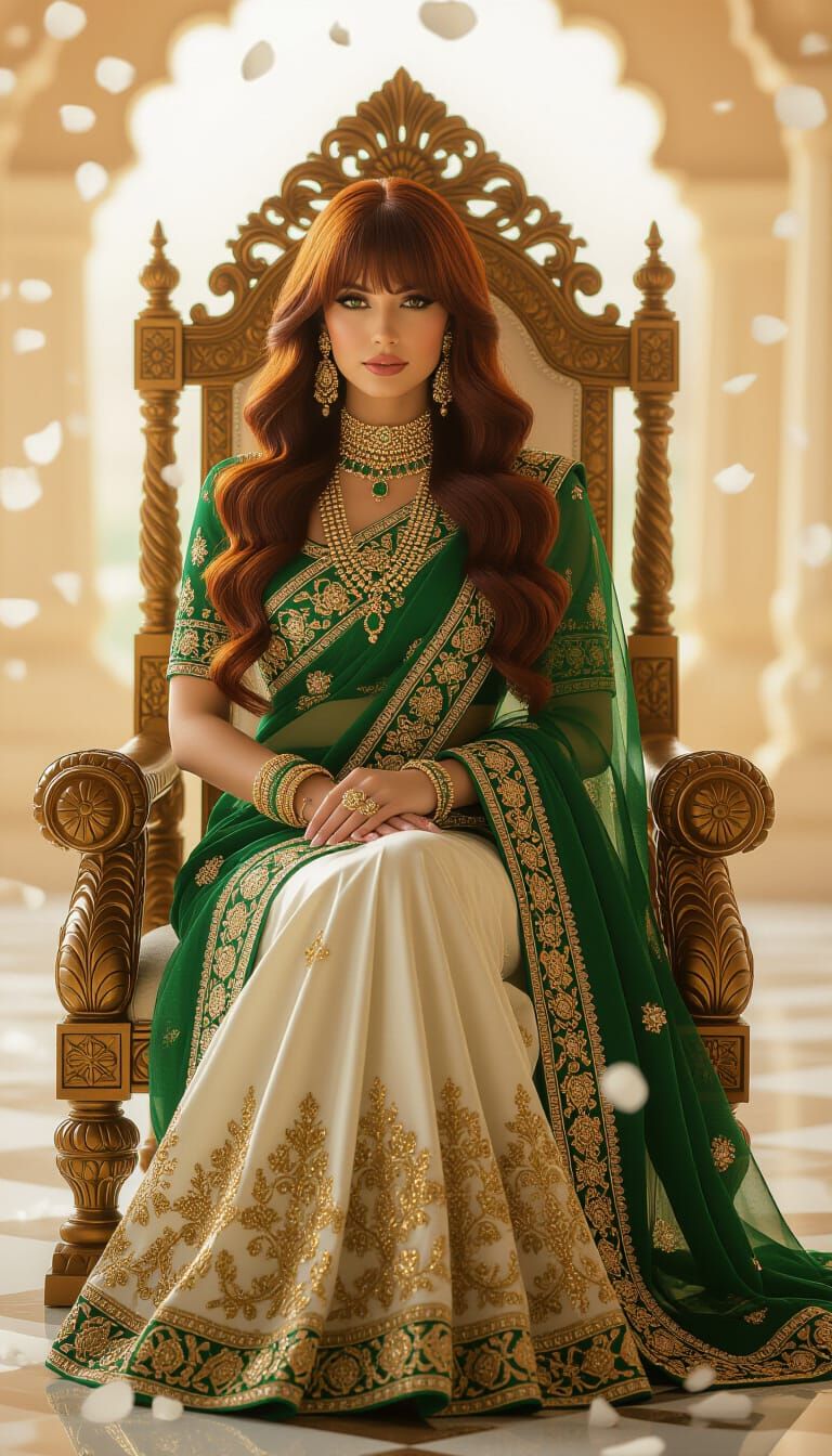 Stunning Woman with Red Hair on Golden Throne