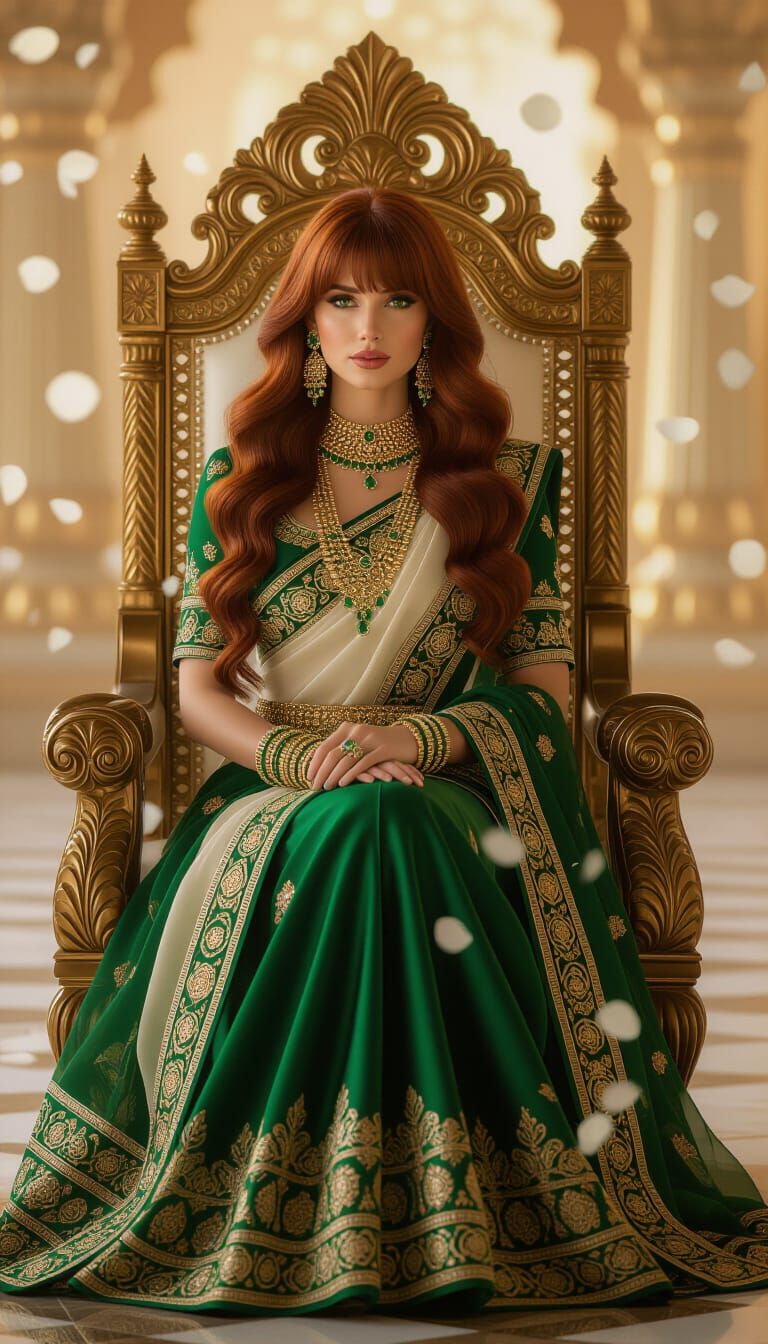 Stunning Woman with Red Hair on Golden Throne