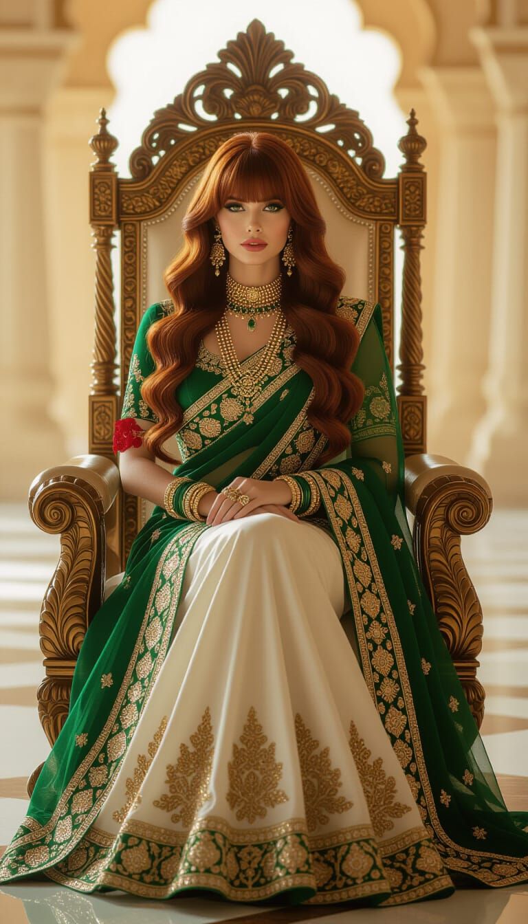 Regal Woman on Golden Throne in Hyperrealistic Style
