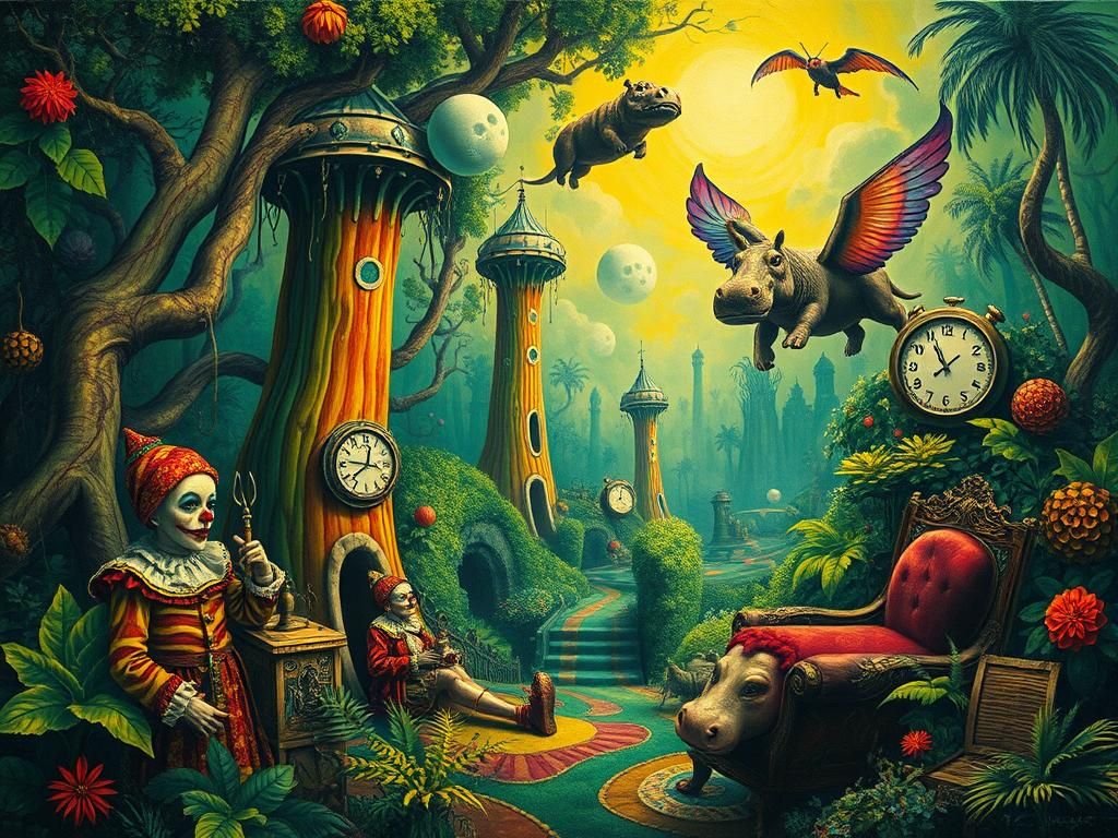 Dreamlike Jungle with Melting Circus Towers, Surreal Art