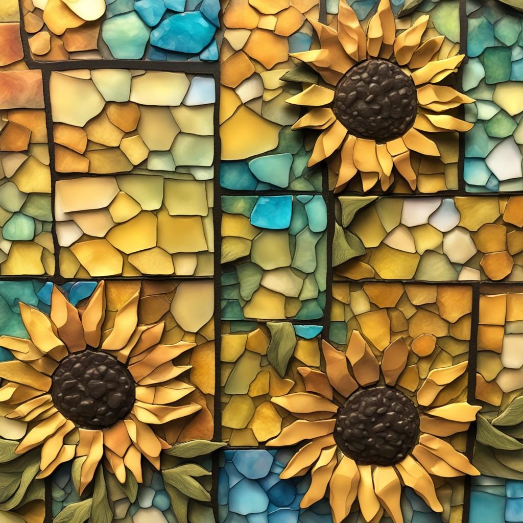 Junk Journal Background, 3d Shapes Mosaic Alcohol Ink, Van Gogh Sunflower Color Palette, 3d Shading, Deep Depth of Fiel...