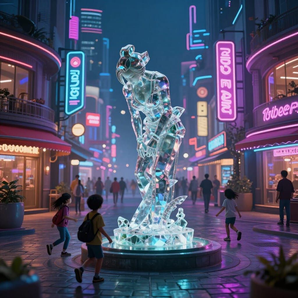 Cyberpunk Town Square with Crystal Statue and Children