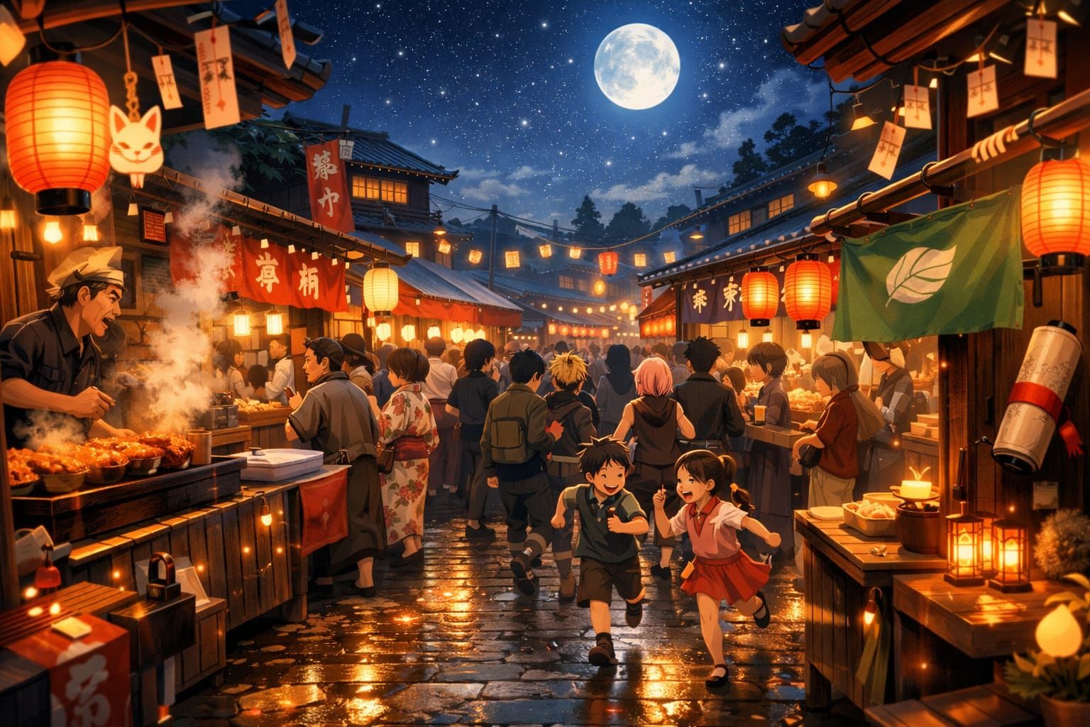 Anime Night Market Scene with Lanterns and Stalls