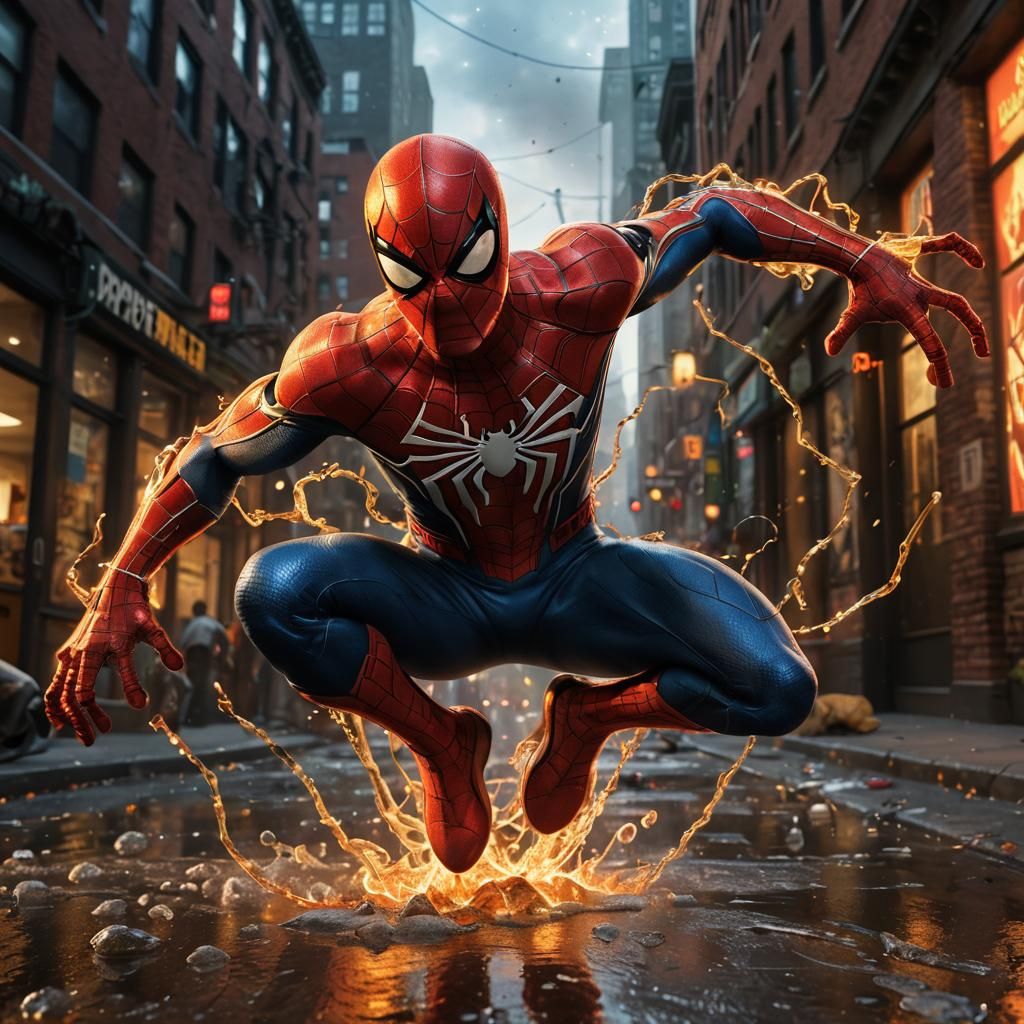 Vibrant Spider-Man Surrounded by Fiery Energy
