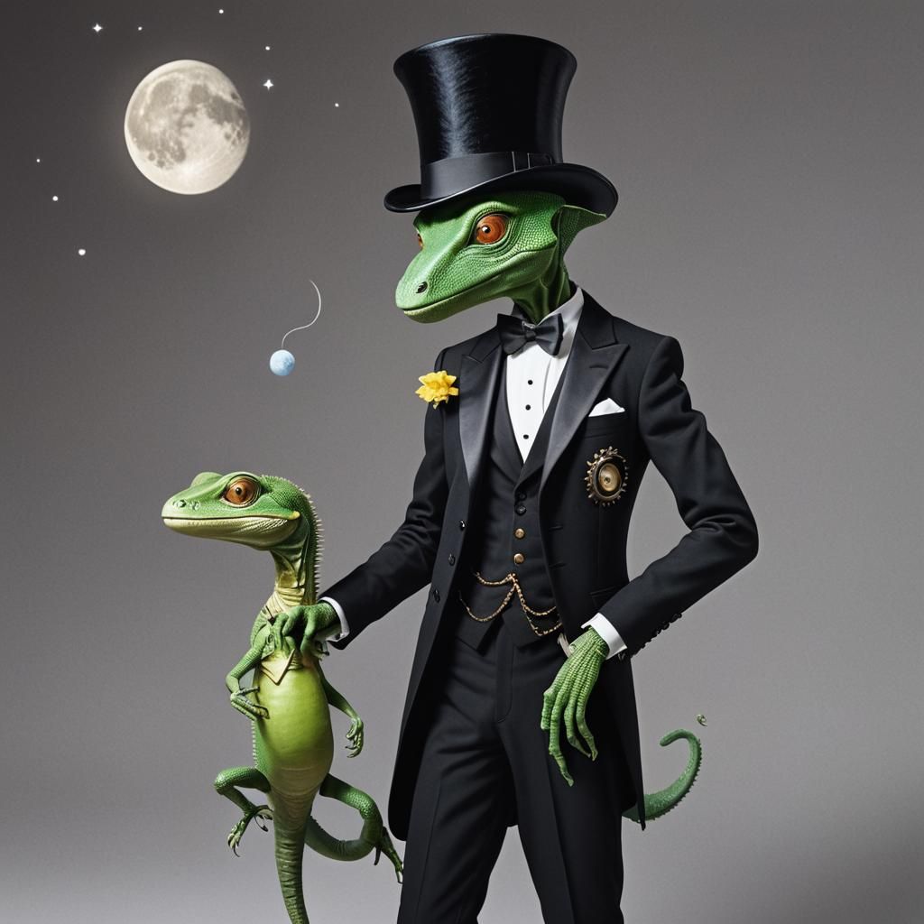 Alien in Tuxedo with Lizard Pet on Moon