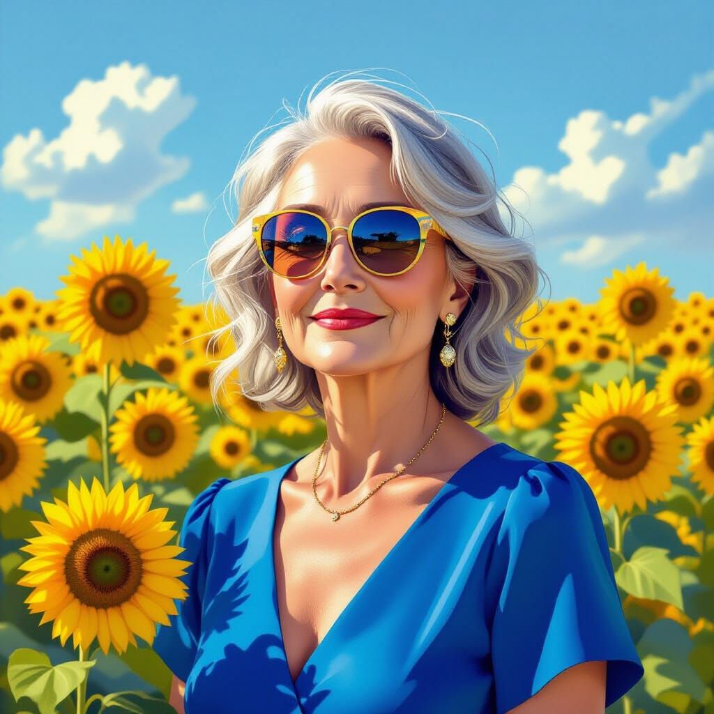 Serene Portrait of an Aged Woman in Sunflower Field