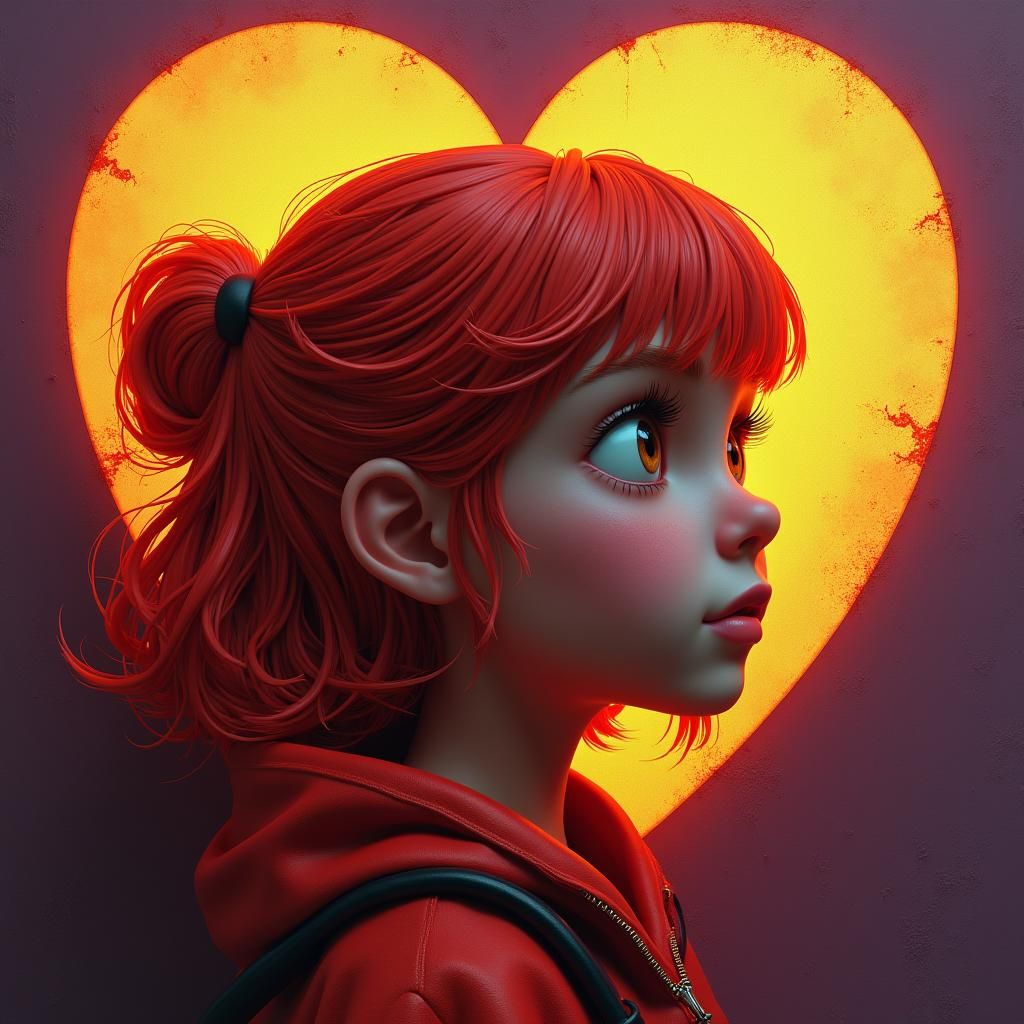 Fantasy Girl with Red Hair and Heart Design